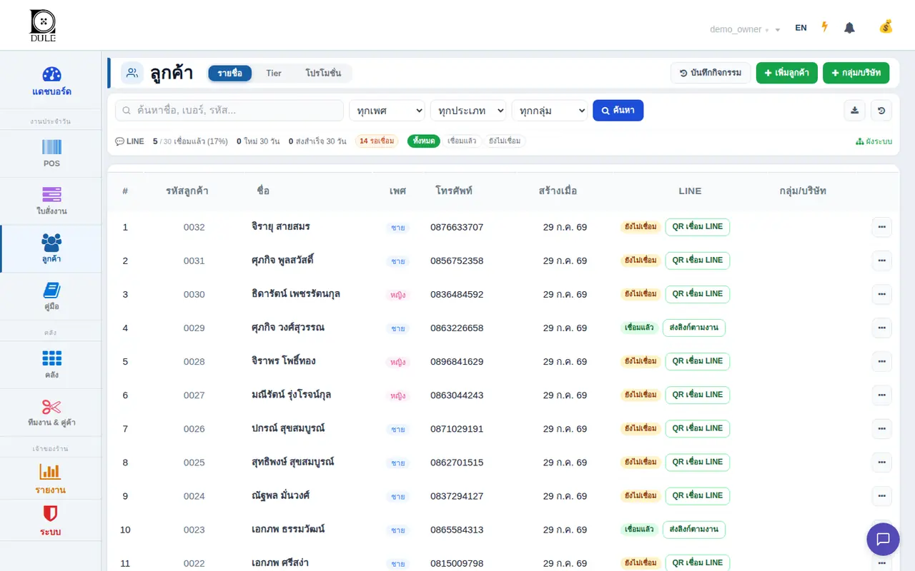 หน้ารายชื่อลูกค้าของระบบ flosolo